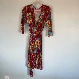 Pink blush plus size maternity dress, knee-length, 3/4 sleeves, tie over bump